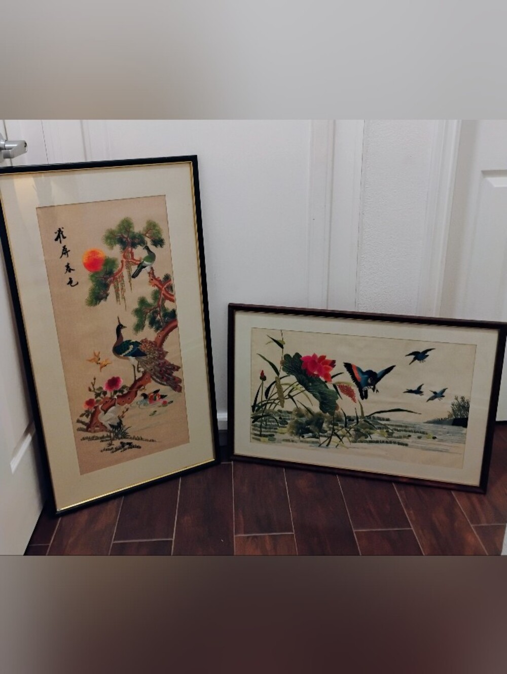 Vintage Japanesel Silk Peacock Birds In Tree and  Bird Fish Catch Picture Frames
